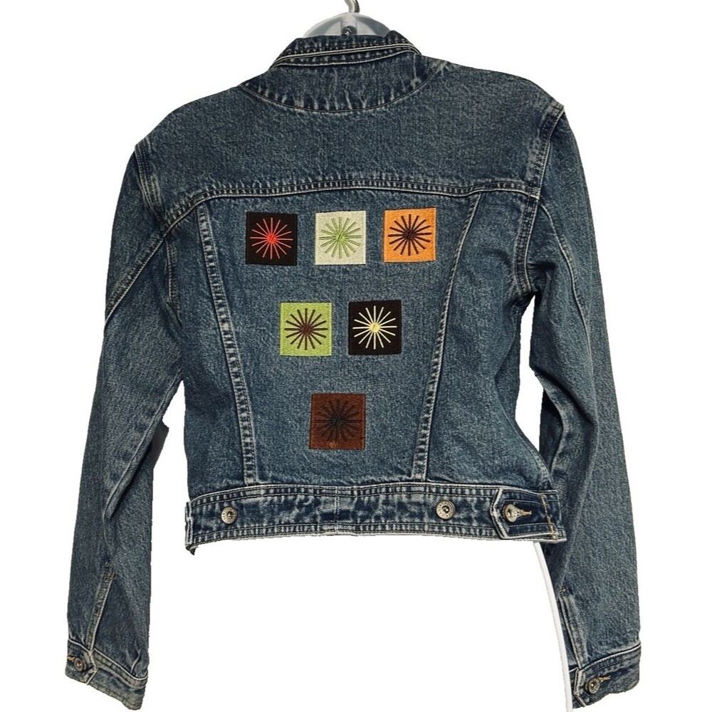 VTG Y2K 90s GAP Women's M Embroidered Granny Squares Cropped Denim Jacket